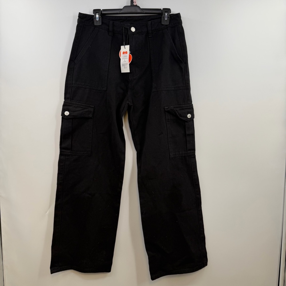 Cider Alessia Cargo Jeans L Black High Rise Wide Leg Y2K Utility NWT